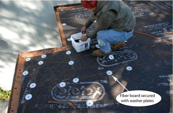 Step 6 - Fiberboard used to built-up levels . On a flat roof Fiberboard is fastened to the plywood with screws and plates. We use fiberboard to build up low areas on a flat roof. Step 6 - Fiberboard used to built-up levels