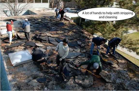 It took many people to strip this flat roof in Greenwich. Care must be taken not to ruin the flashing around the drains and skylights. It took many people to strip this flat roof in Greenwich. Care must be taken not to ruin the flashing around the drains and skylights.