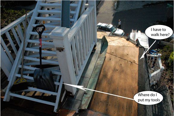 A top view of this small flat roof. the edges were at a angle that made it even more dangerous to work on. A top view of this small flat roof. the edges were at a angle that made it even more dangerous to work on.